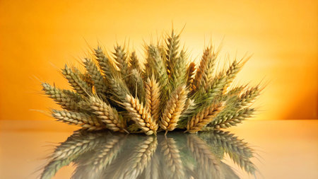 A bunch of wheat ears on a reflective surface against a yellow background.の素材