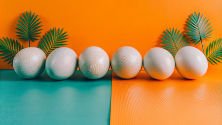 Six white eggs in a row on a green and orange background with palm leaves on either side.の素材