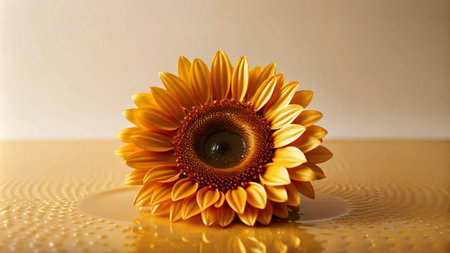 A single yellow sunflower with a brown center rests on a circular, water-droplet patterned surface.の素材