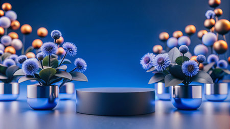 Blue and gold podium with floral accents.の素材