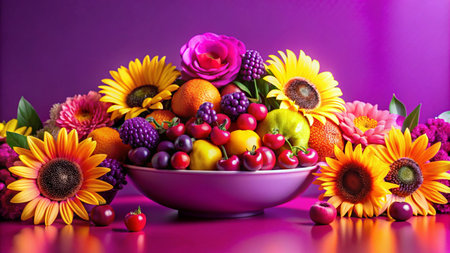 A vibrant still life featuring a bowl of fruit and colorful flowers on a purple background.の素材