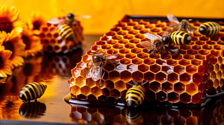 Honeycomb with dripping honey and bees on a black surface.の素材