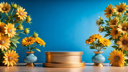 Golden podium with sunflowers in vases against a blue backdrop.の素材