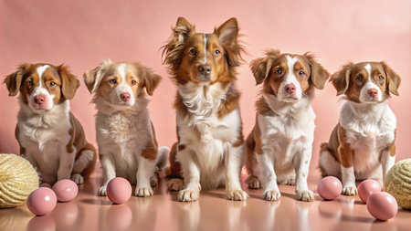 Five adorable brown and white puppies sitting in a row in front of a pink background with pink eggs and yarn balls.の素材