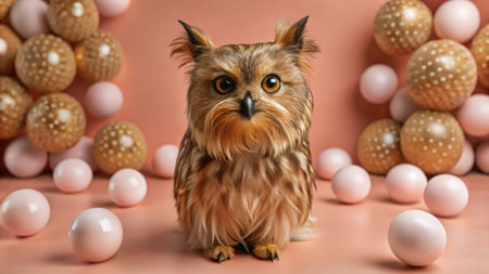 A cute owl with big eyes sits in front of a pink background with gold and white balloons.の素材