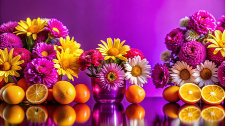 Colorful flower bouquets and citrus fruits on a reflective purple surface.の素材