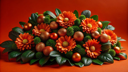A vibrant floral arrangement with orange flowers, green leaves, and copper baubles on an orange background.の素材