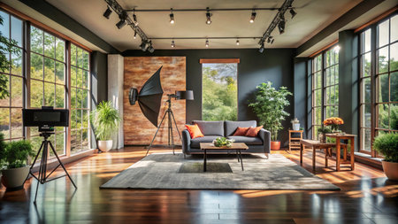 A modern, well-lit photography studio with a grey couch, large windows, and a wooden floor.の素材