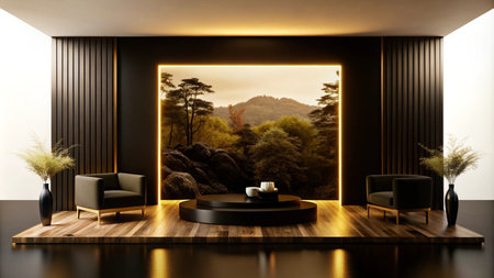 Minimalist living room with a zen inspired design featuring a black wall with a glowing frame surrounding a picture of a forest.の素材