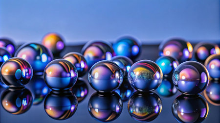 A group of iridescent glass spheres on a reflective surface with a blue background.の素材