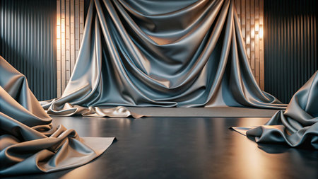 Elegant, minimalist, contemporary studio room with gray fabric draped over wall, wooden panels and warm lighting.の素材