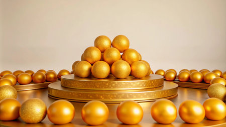 A pyramid of golden spheres atop a round platform surrounded by more spheres.の素材