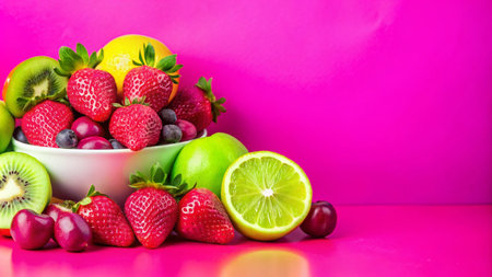 A bowl of fresh fruit with strawberries, cherries, kiwi, lemon, and lime on a pink background.の素材