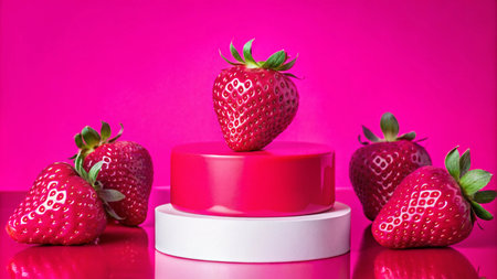 A single strawberry stands on a pink and white pedestal against a magenta background, surrounded by other strawberries.の素材