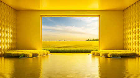 Yellow room with a view of a field of yellow flowers.の素材