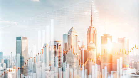 City skyline with superimposed financial graphs.の素材