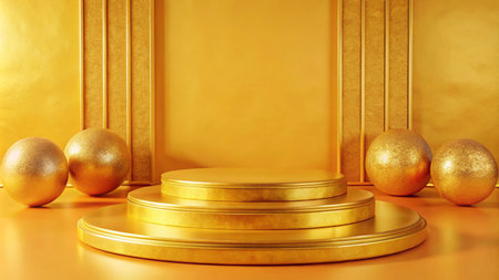 Golden podium with spheres against a gold backdrop.の素材