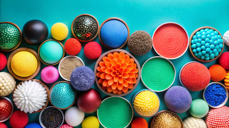 Colorful massage balls and tools arranged in a row on a turquoise background.の素材