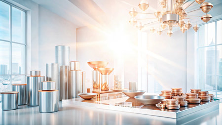 Modern minimalist interior design with sunlight shining through large windows and reflecting off metallic furniture and decor.の素材