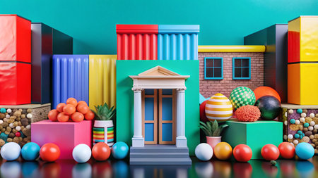 A colorful 3D rendering of a cityscape with geometric shapes and textures, including a classic building with a doorway, a row of houses, and assorted spheres.の素材
