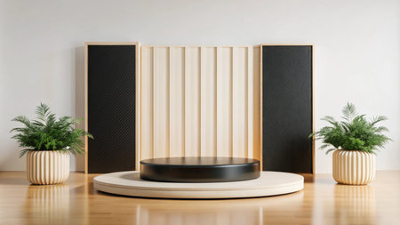 Minimalist podium with black and wooden panels, plants, and wooden floor.の素材