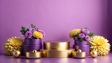 Gold and purple podium with flowers and spheres against a purple background.の素材