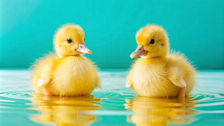 Two adorable yellow ducklings swimming in a turquoise blue water.の素材