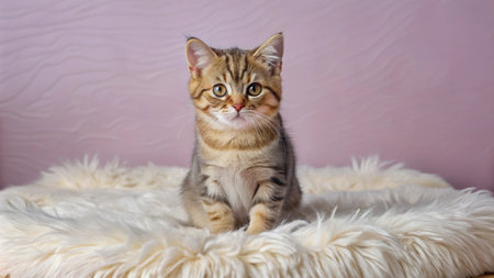A cute tabby kitten sitting on a white furry rug with a pink wall background.の素材