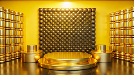 Minimalist golden podium with geometric background.の素材