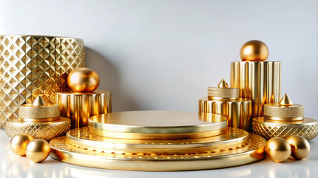 Gold geometric podium with spheres and white background.の素材