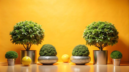 Three potted plants and yellow spheres on a yellow background.の素材