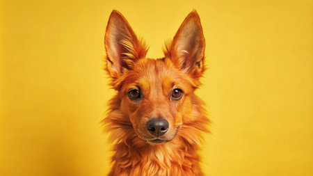 A red dog with big ears stares directly at the camera against a bright yellow background.の素材