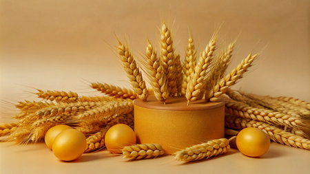 Golden wheat stalks, eggs, and a cylinder on a beige background.の素材