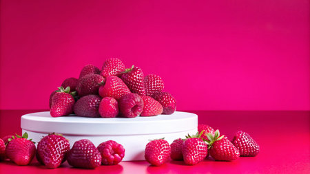 A pile of fresh, red strawberries and raspberries on a white platform against a bright pink background.の素材