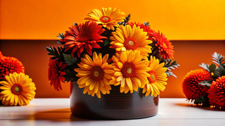A close-up of a bouquet of yellow and red gerberas in a brown vase on a white surface against an orange background.の素材