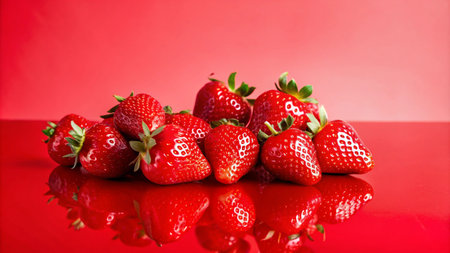 A group of fresh, red strawberries arranged on a red surface, with a reflective surface showing the strawberries from below.の素材