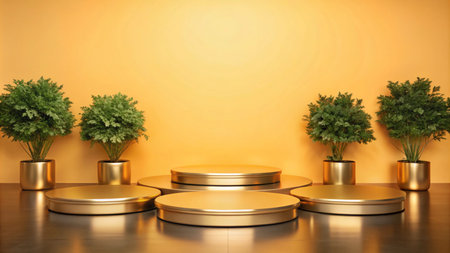 A set of golden podiums with plants against a yellow background.の素材