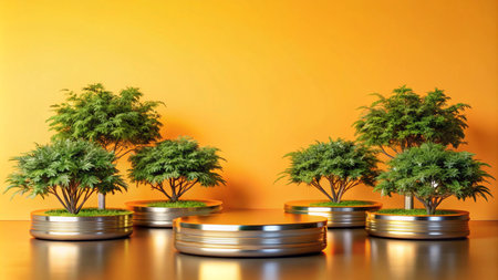 Gold podium with green trees on orange background, product display, minimalist design.の素材