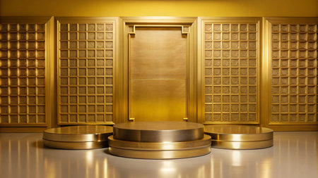 Golden podium with ornate wall backdrop, perfect for product display.の素材