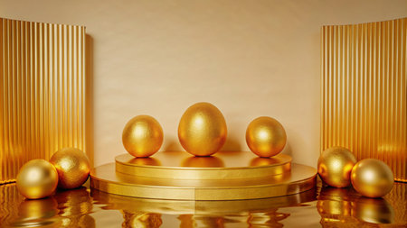 Gold eggs on a podium with a golden background and reflections.の素材