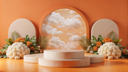 A three-tiered podium with a backdrop of a window with clouds and foliage.の素材