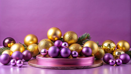 Purple and gold Christmas ornaments on a pink podium with evergreen sprigs against a purple background.の素材