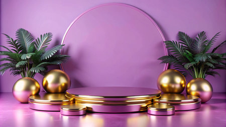 A pink and gold podium with palm trees and a circular frame on a pink wall.の素材