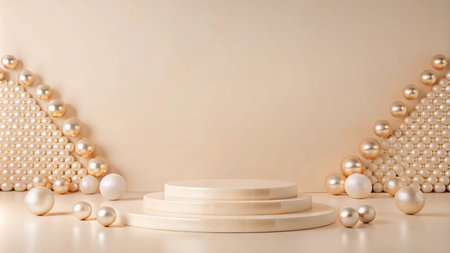 Minimalist beige podium with pearl-like spheres, ideal for product display.の素材