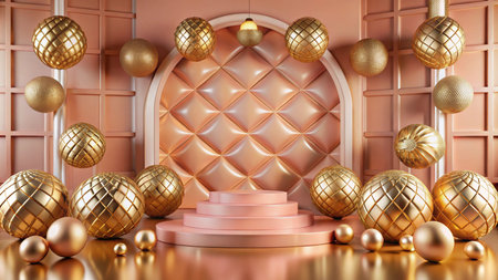 Pink and gold podium with geometric spheres.の素材