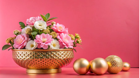 Pink and white flowers in a gold bowl with gold ornaments on a pink background.の素材