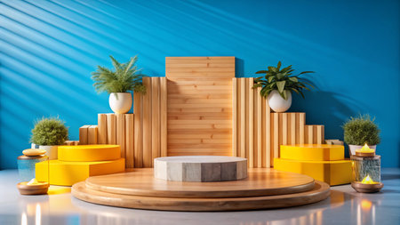 Wooden podium with yellow steps and plants on blue background.の素材