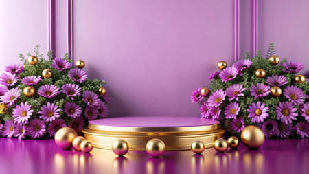 Purple and gold podium with flowers and spheres.の素材