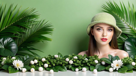 A young woman with red lipstick and a green hat poses amidst lush foliage and white flowers against a green backdrop.の素材