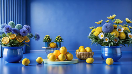 Blue and yellow interior with lemons and flowers in ceramic pots.の素材